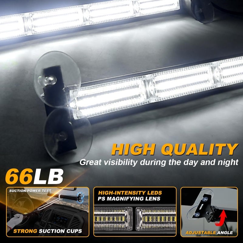 LRTER 2X 17.7 Traffic Advisor Strobe Light Bar Emergency Lights Warning Flashing Safety Responder Front/Rear Window w/Directional for Volunteer Firefighter Vehicles Trucks, White - Image 3